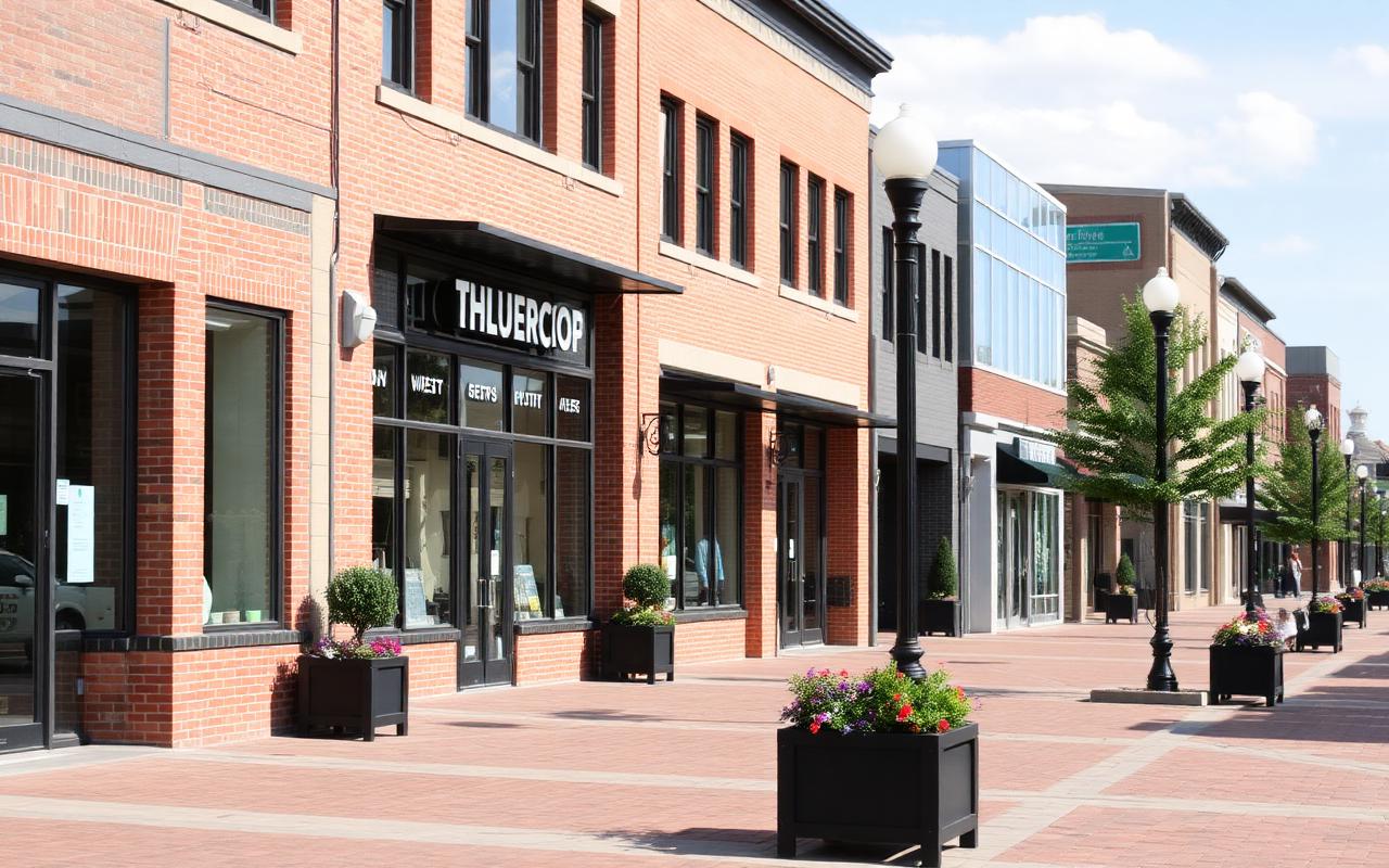Brick storefronts and decorative lampposts along Gilberts' commercial main street