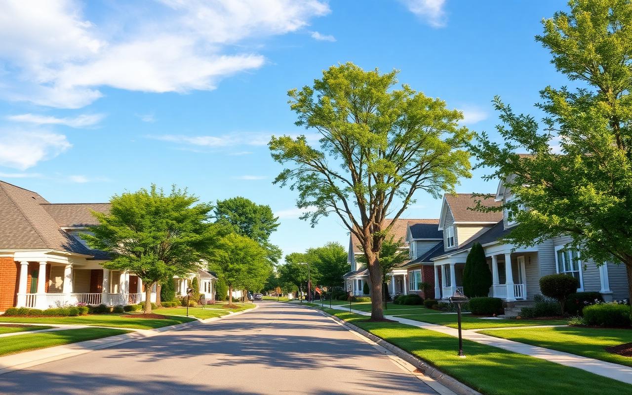 Tree-lined residential street in Gilberts on a sunny day